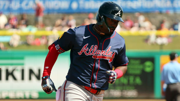 Feb 28, 2024; Clearwater, Florida, USA; Atlanta Braves center fielder Michael Harris II (23) hits a home run during the third inning against the Philadelphia Phillies at BayCare Ballpark.